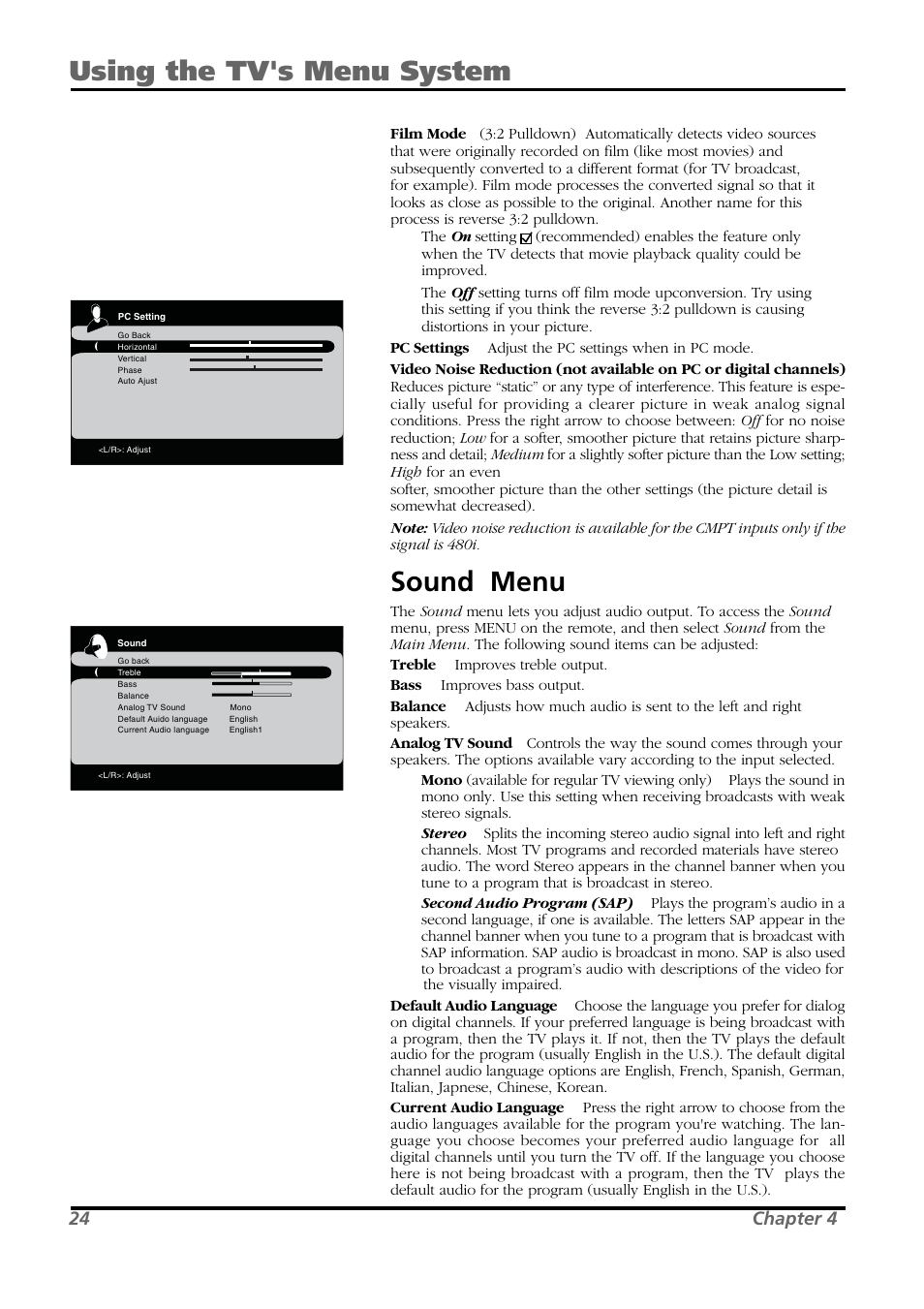 Using the tv's menu system, Sound menu, 24 chapter 4 | RCA L26WD21 User Manual | Page 24 / 36