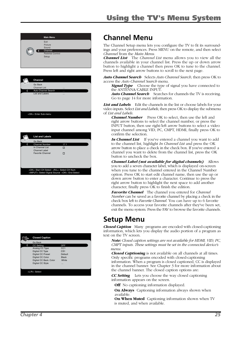 Channel menu, Setup menu, Using the tv's menu system | Chapter 4 25 | RCA L26WD21 User Manual | Page 25 / 36