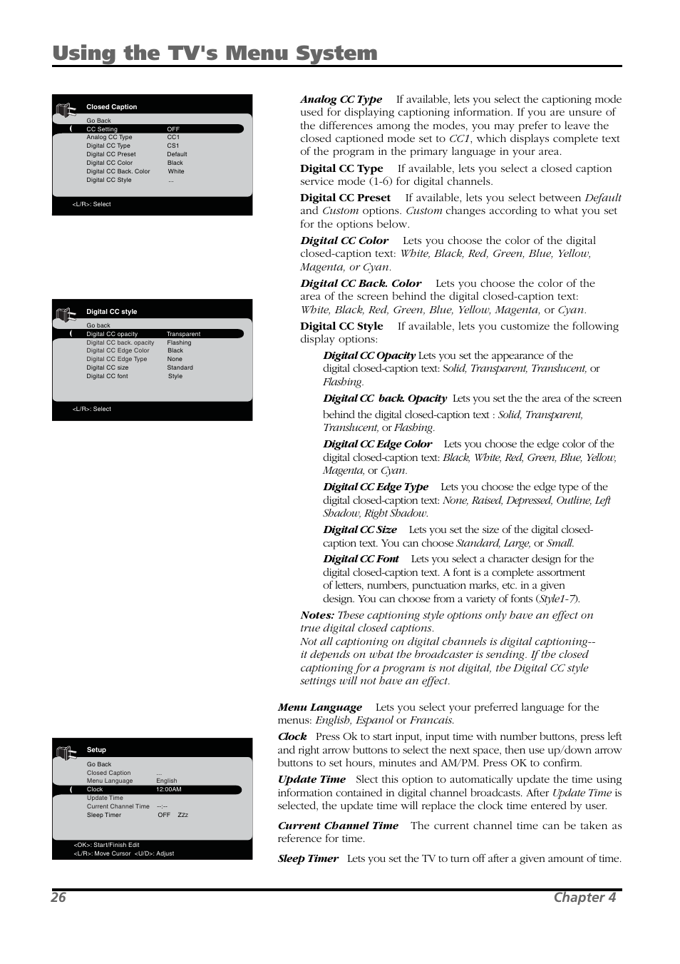 Using the tv's menu system, 26 chapter 4 | RCA L26WD21 User Manual | Page 26 / 36