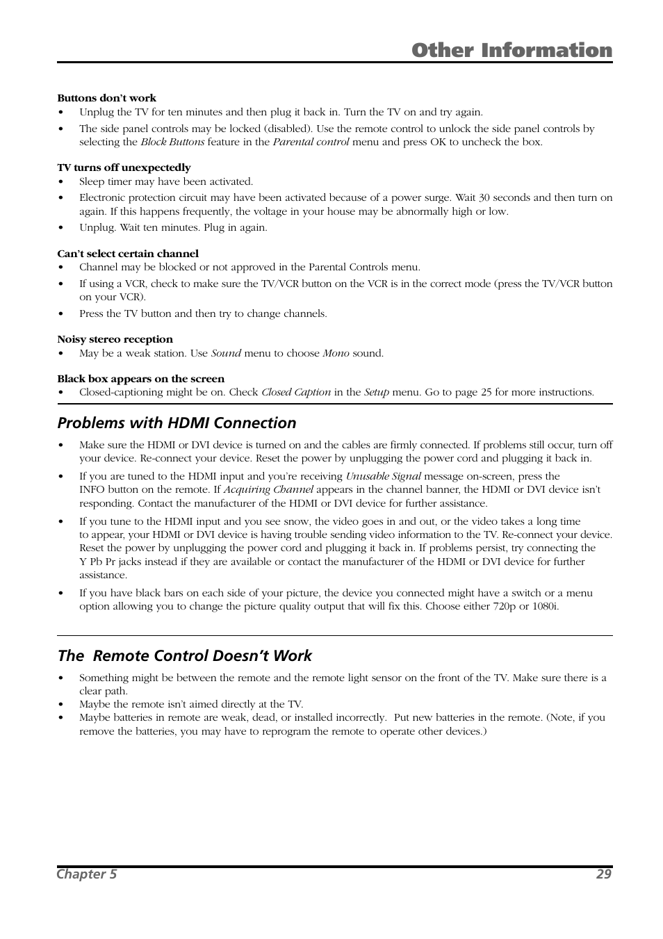 Other information, Problems with hdmi connection, The remote control doesn’t work | RCA L26WD21 User Manual | Page 29 / 36