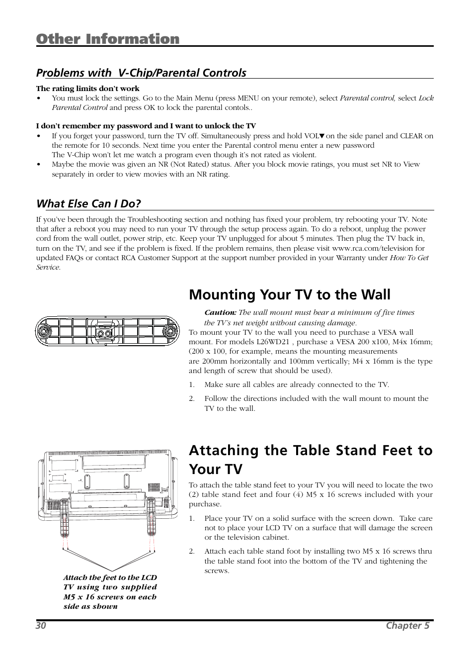 Other information, Mounting your tv to the wall, Attaching the table stand feet to your tv | Problems with v-chip/parental controls, What else can i do | RCA L26WD21 User Manual | Page 30 / 36