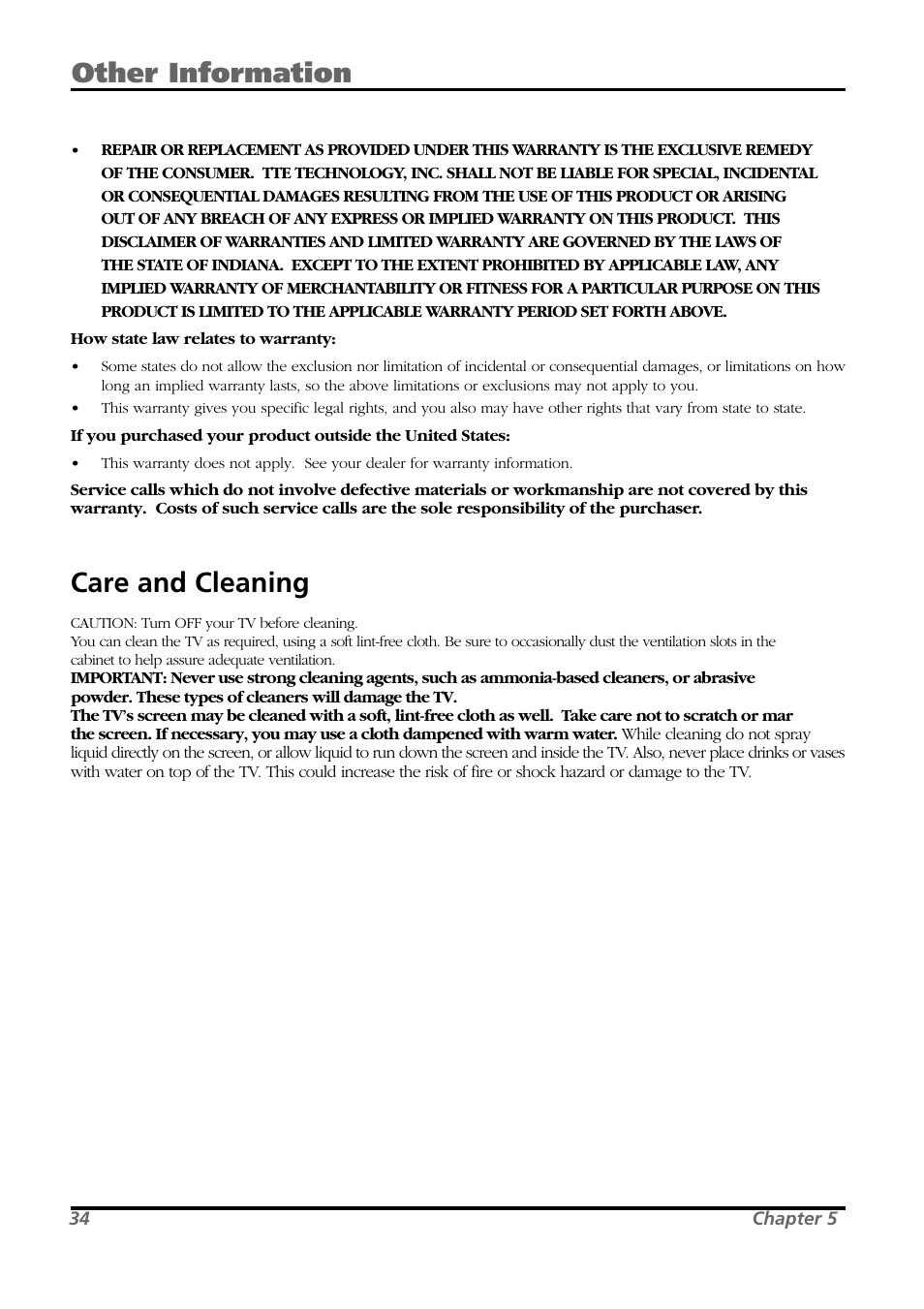 Other information, Care and cleaning | RCA L26WD21 User Manual | Page 34 / 36