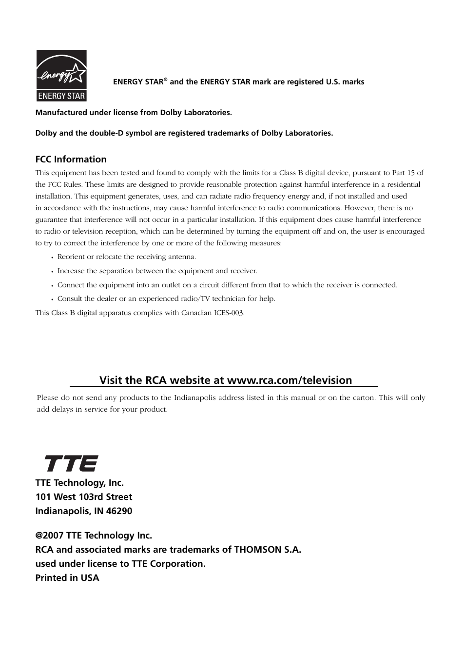 Fcc information | RCA L26WD21 User Manual | Page 35 / 36