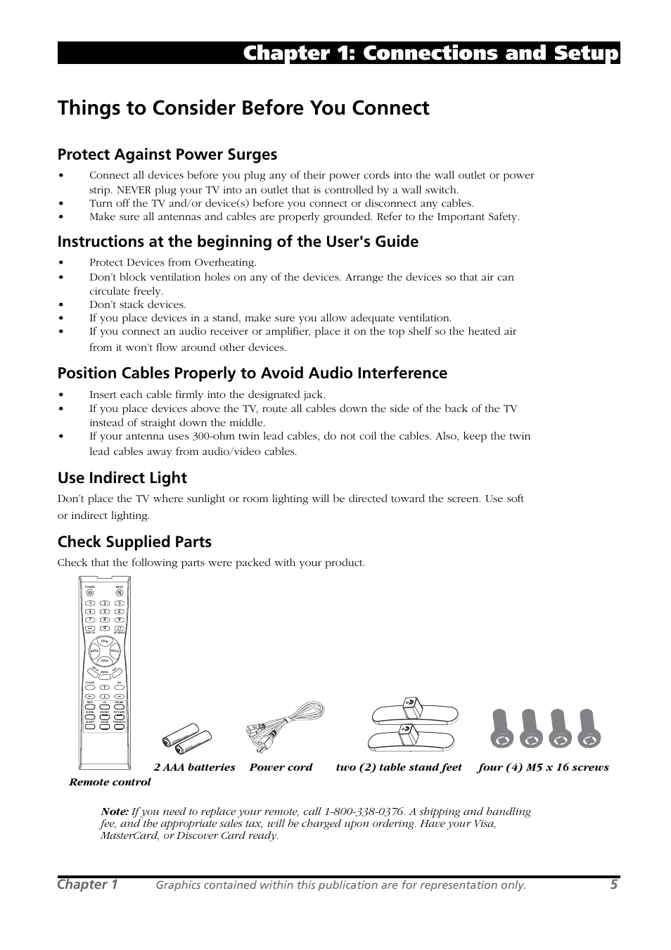 Things to consider before you connect, Chapter 1: connections and setup, Protect against power surges | Instructions at the beginning of the user's guide, Use indirect light, Check supplied parts, Chapter 1 | RCA L26WD21 User Manual | Page 5 / 36