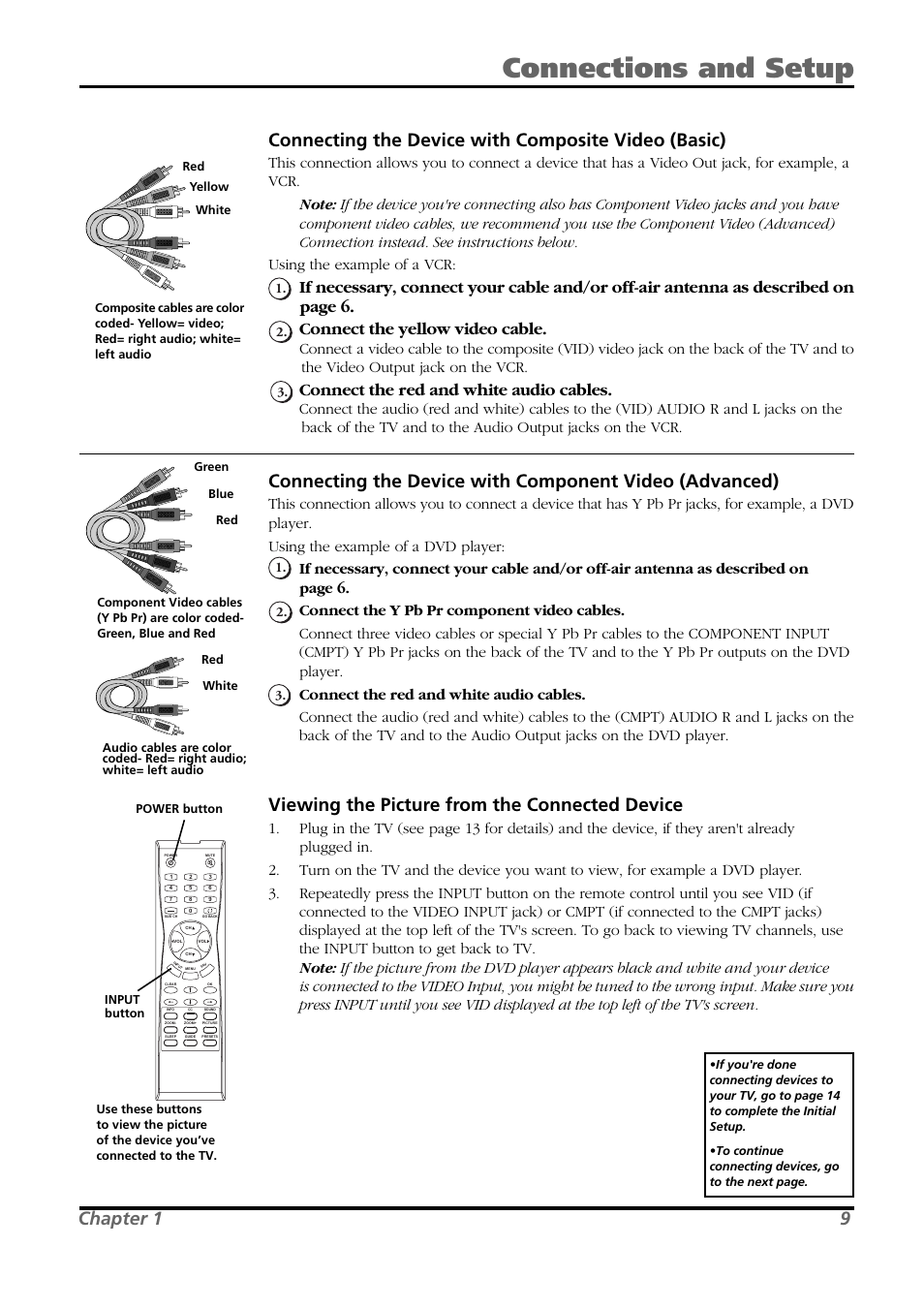 Connections and setup, Connecting the device with composite video (basic), Viewing the picture from the connected device | Chapter 1 9, Connect the red and white audio cables | RCA L26WD21 User Manual | Page 9 / 36