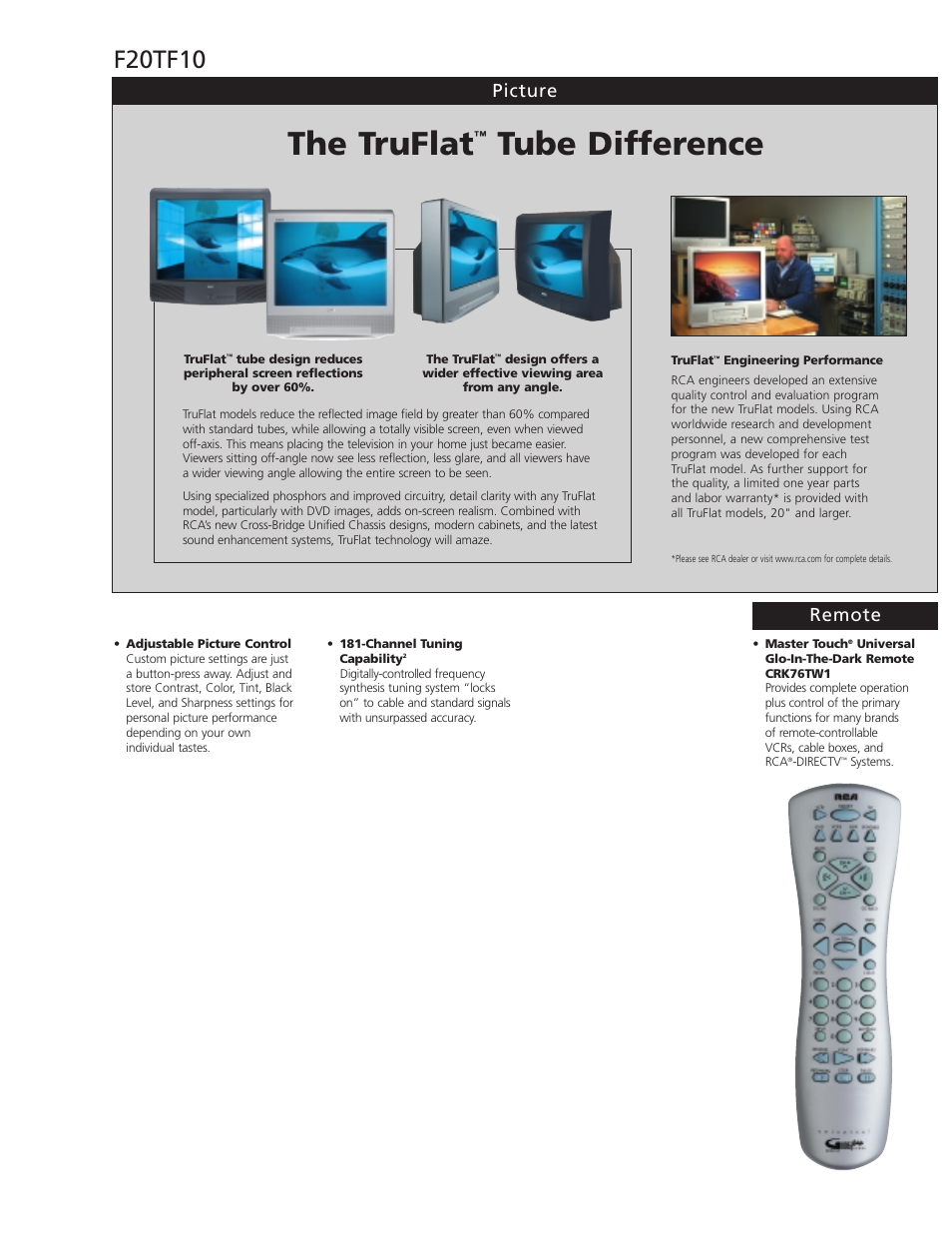 The truflat, Tube difference, F20tf10 | Picture remote | RCA TruFlat F20TF10 User Manual | Page 2 / 4