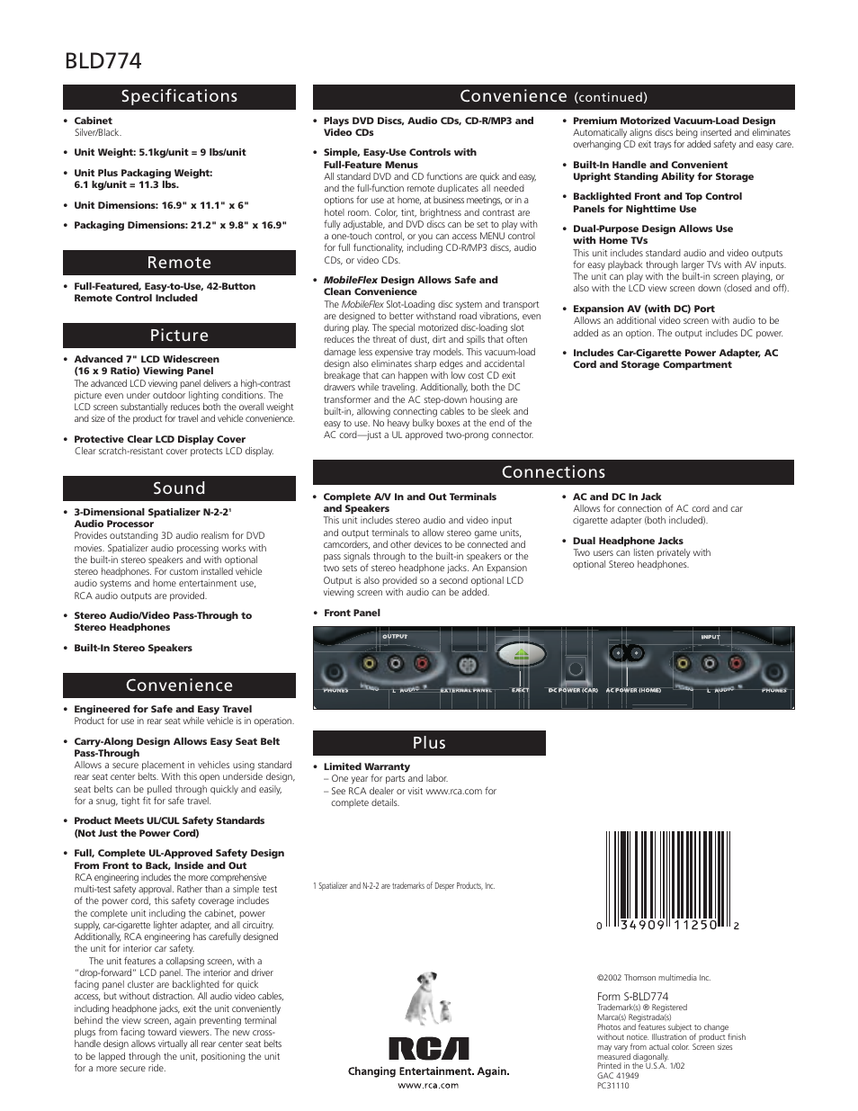 Bld774, Specifications, Remote | Picture, Sound, Convenience, Connections plus | RCA BLD774 User Manual | Page 2 / 2