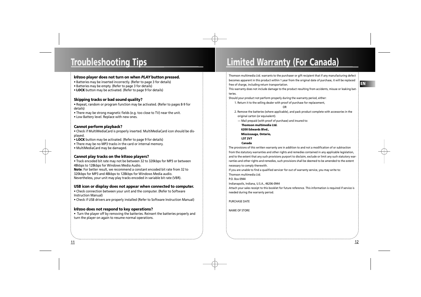 Limited warranty (for canada), Troubleshooting tips | RCA RD1070 User Manual | Page 10 / 10