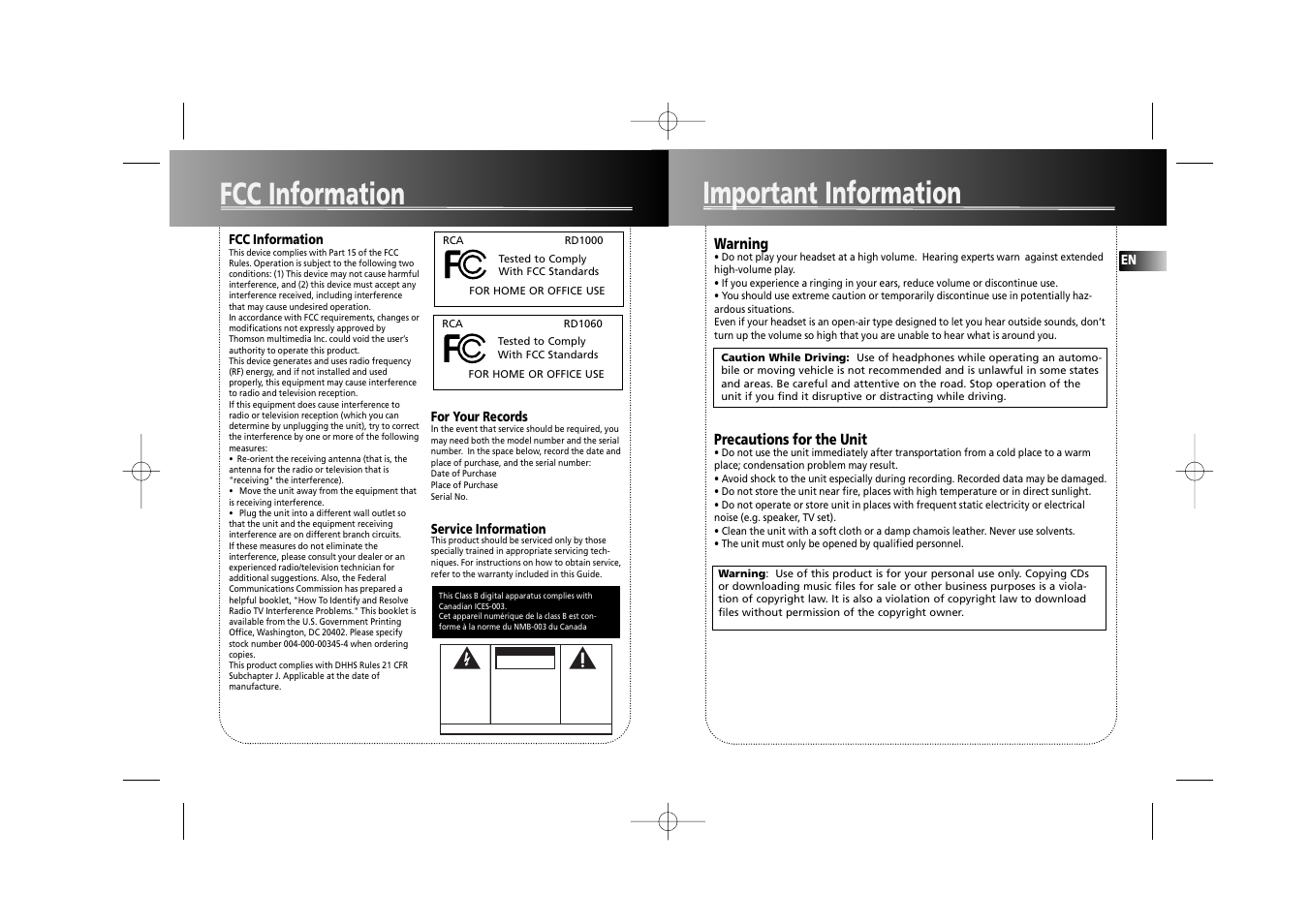 Important information fcc information | RCA RD1070 User Manual | Page 3 / 10