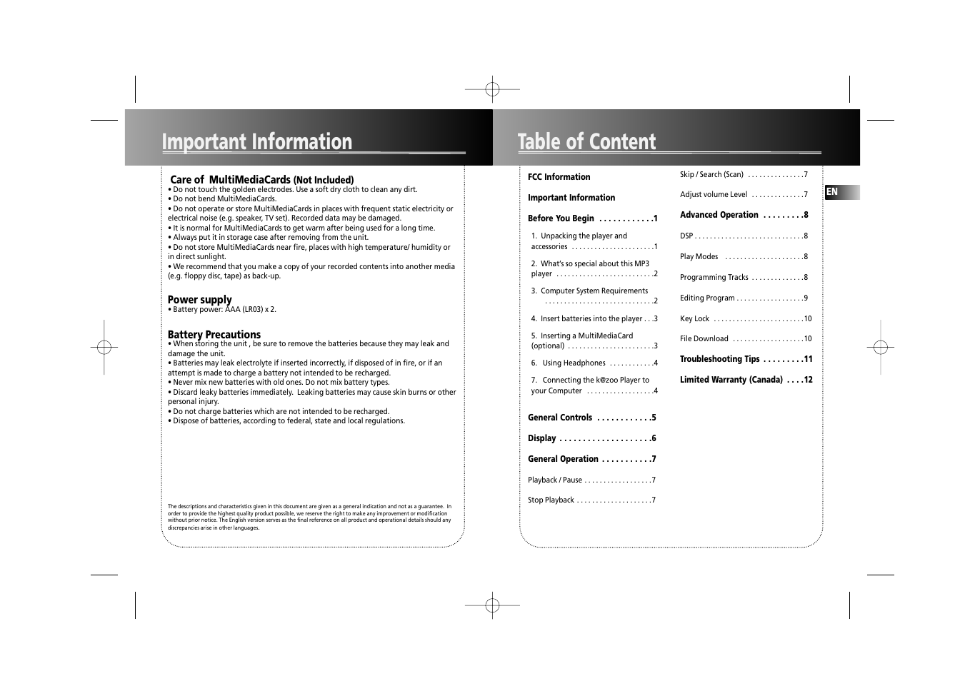 Table of content important information | RCA RD1070 User Manual | Page 4 / 10