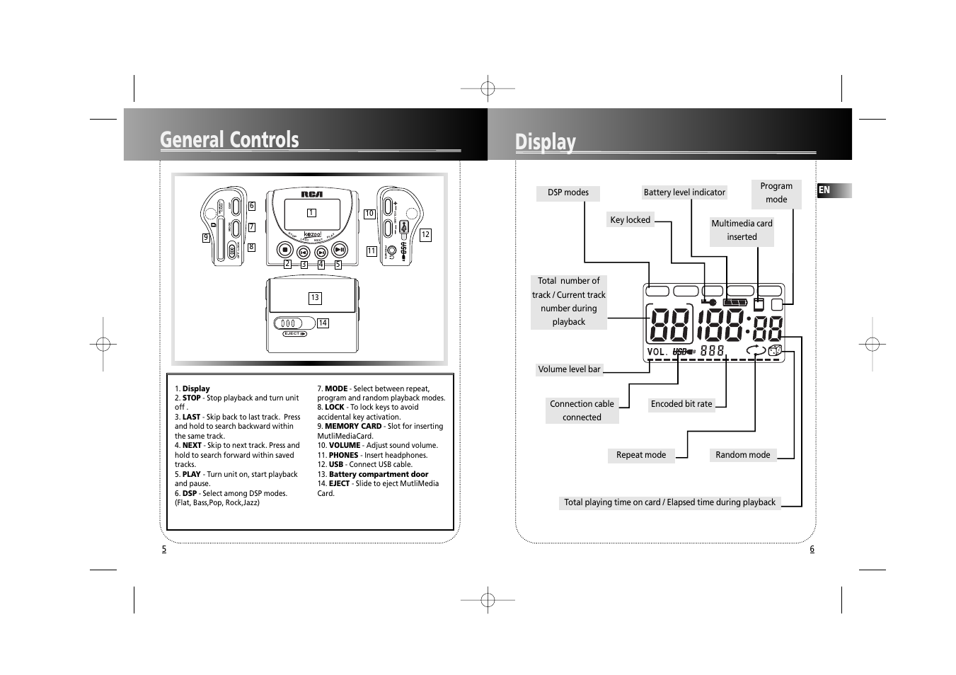 Display, General controls | RCA RD1070 User Manual | Page 7 / 10