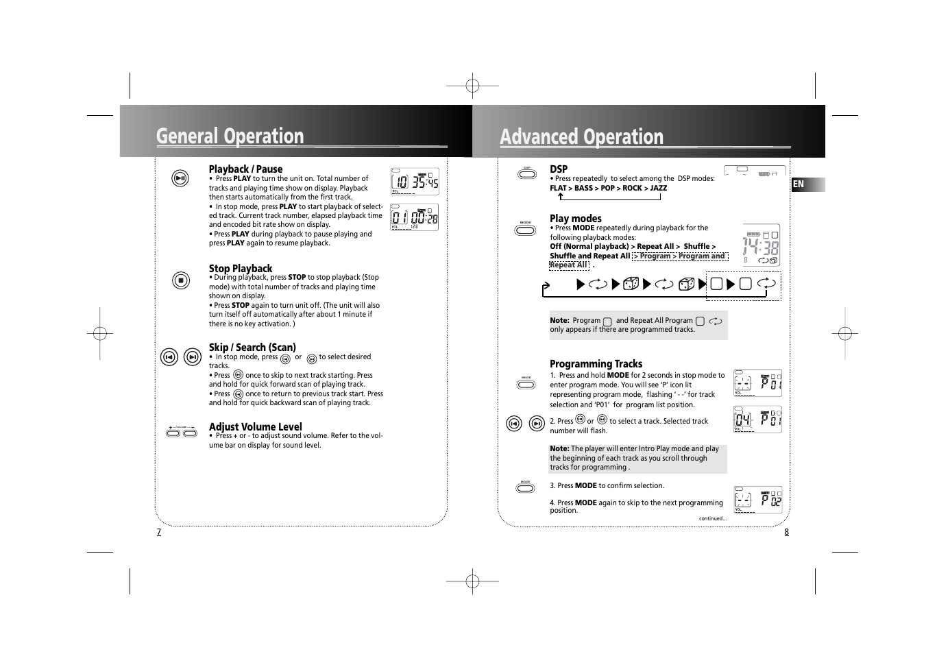 Advanced operation, General operation, Volume | Playback / pause, Stop playback, Skip / search (scan), Adjust volume level, Play modes, Programming tracks | RCA RD1070 User Manual | Page 8 / 10