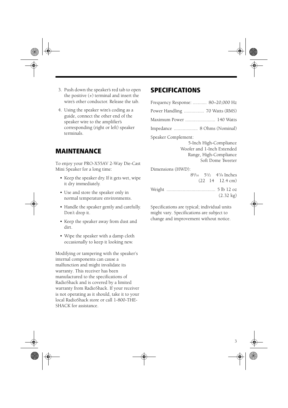 Maintenance, Specifications | RCA PRO-X55AV User Manual | Page 3 / 4