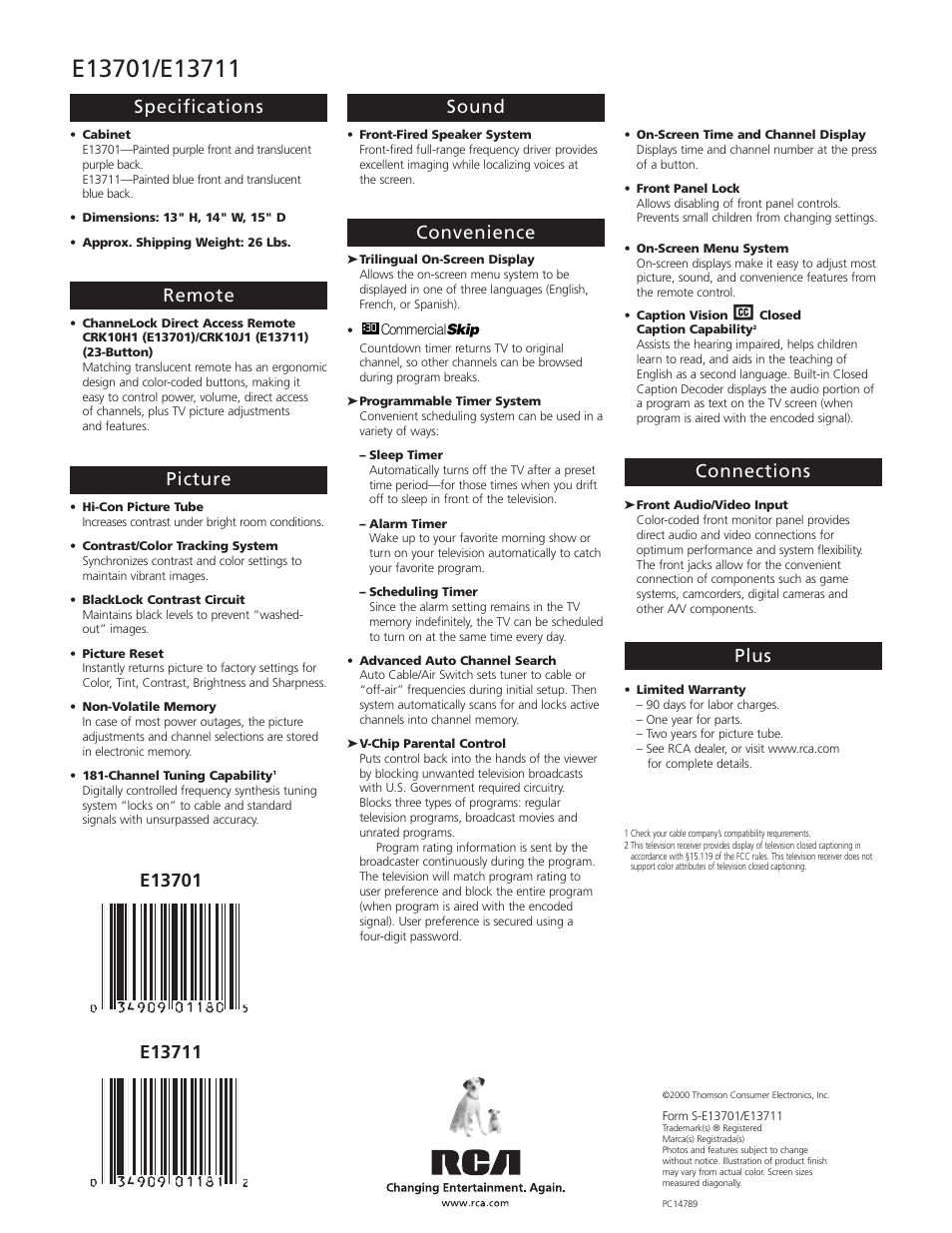 Specifications, Remote, Picture | Sound, Convenience, Connections, Plus | RCA XL-100 User Manual | Page 2 / 2
