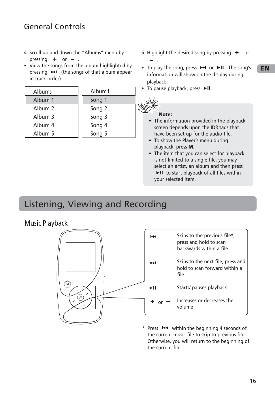 Listening, viewing and recording, Music playback, General controls | RCA M4002 User Manual | Page 17 / 30