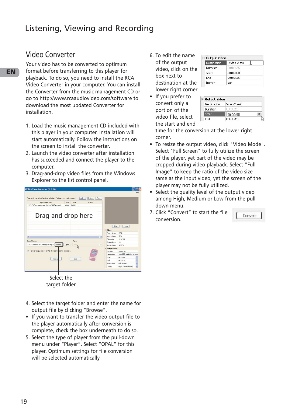 Video converter, Listening, viewing and recording, En drag-and-drop here | RCA M4002 User Manual | Page 20 / 30