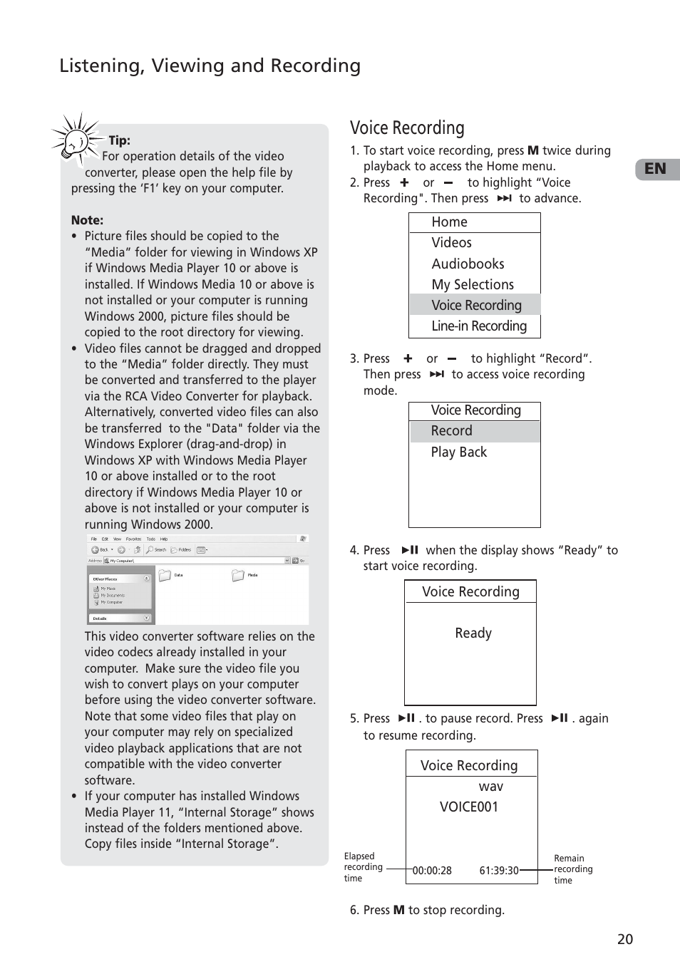 Voice recording, Listening, viewing and recording | RCA M4002 User Manual | Page 21 / 30