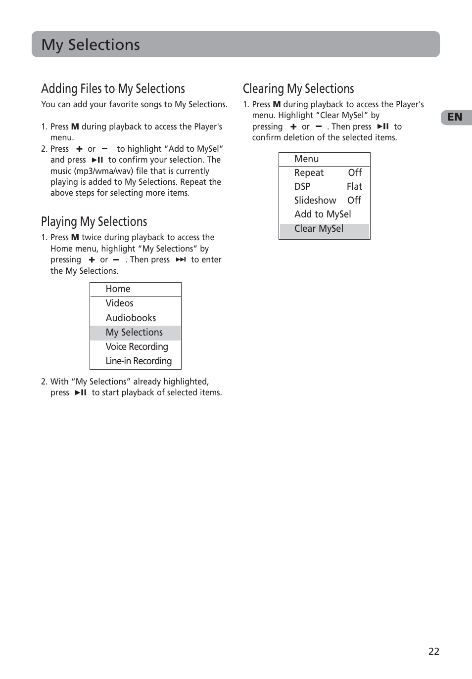 My selections, Adding files to my selections, Playing my selections | Clearing my selections | RCA M4002 User Manual | Page 23 / 30