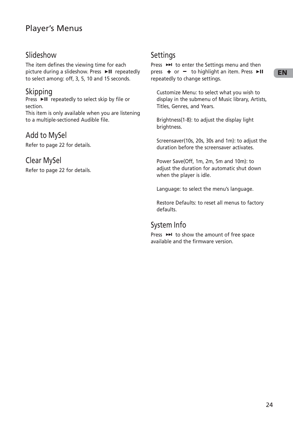 Slideshow, Skipping, Add to mysel | Clear mysel, Settings, System info, Player’s menus | RCA M4002 User Manual | Page 25 / 30