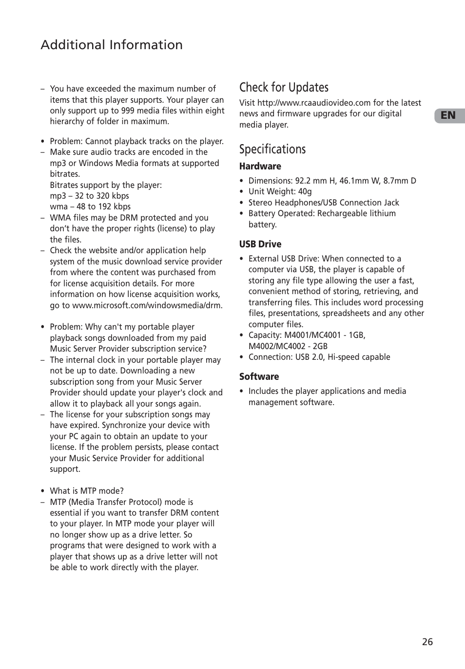 Check for updates, Specifications, Additional information | RCA M4002 User Manual | Page 27 / 30