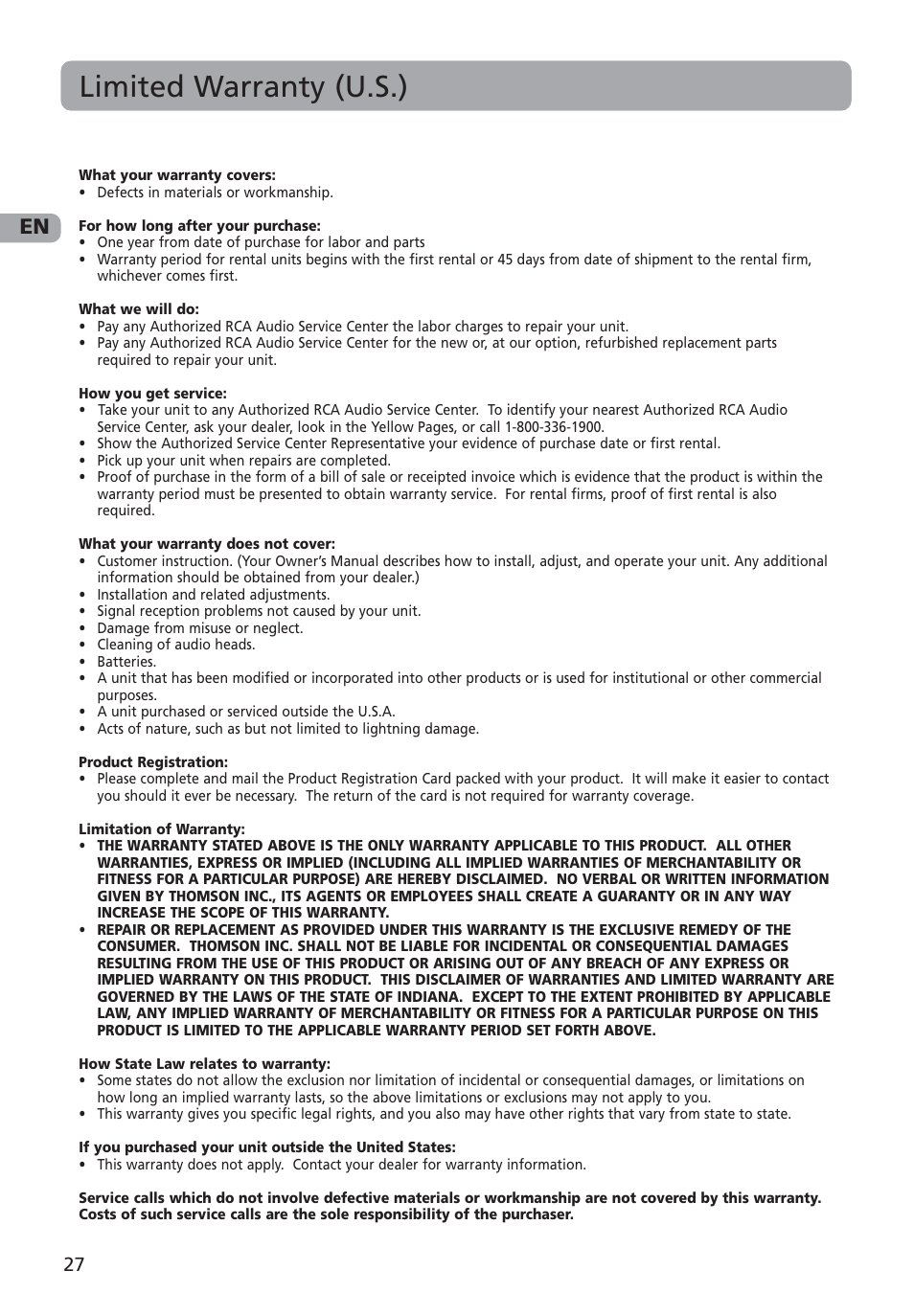 Limited warranty (u.s.) | RCA M4002 User Manual | Page 28 / 30