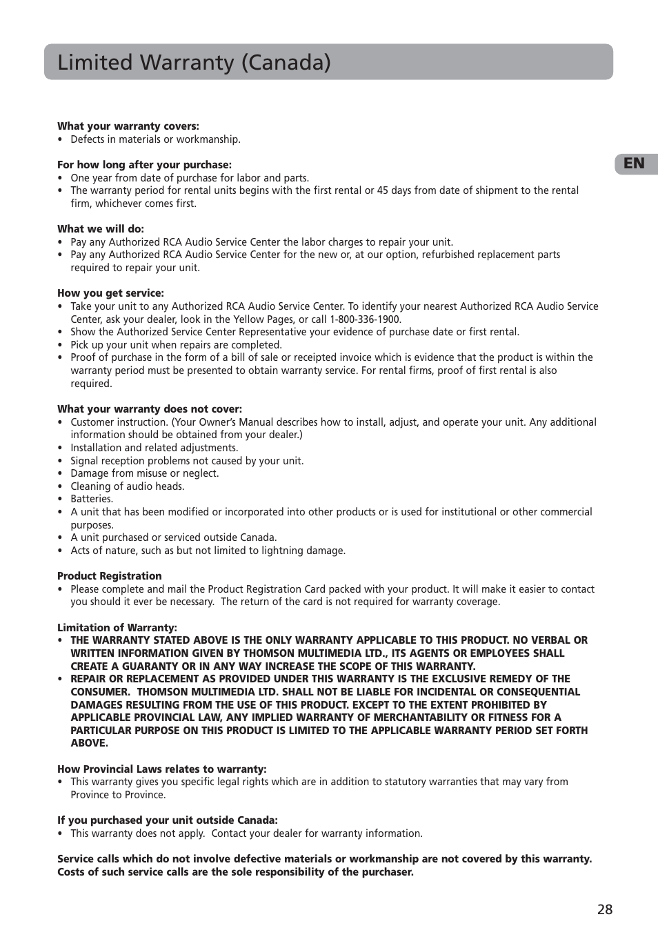 Limited warranty (canada) | RCA M4002 User Manual | Page 29 / 30