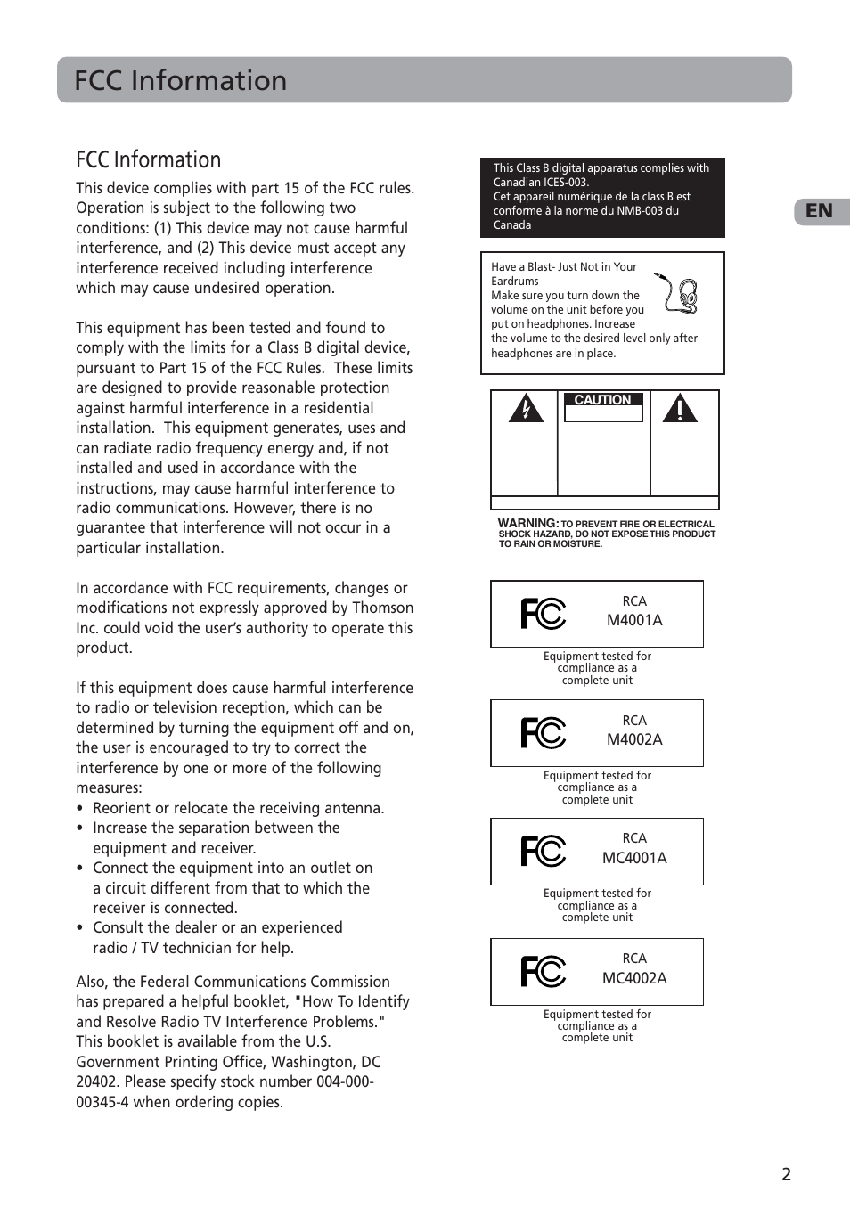 Fcc information | RCA M4002 User Manual | Page 3 / 30