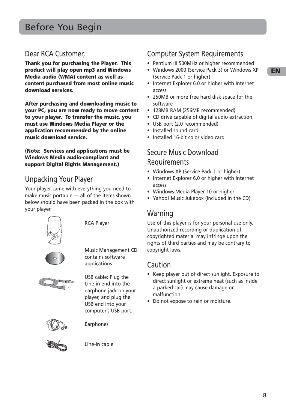 Before you begin, Unpacking your player, Computer system requirements | Secure music download requirements, Warning, Caution, Dear rca customer | RCA M4002 User Manual | Page 9 / 30