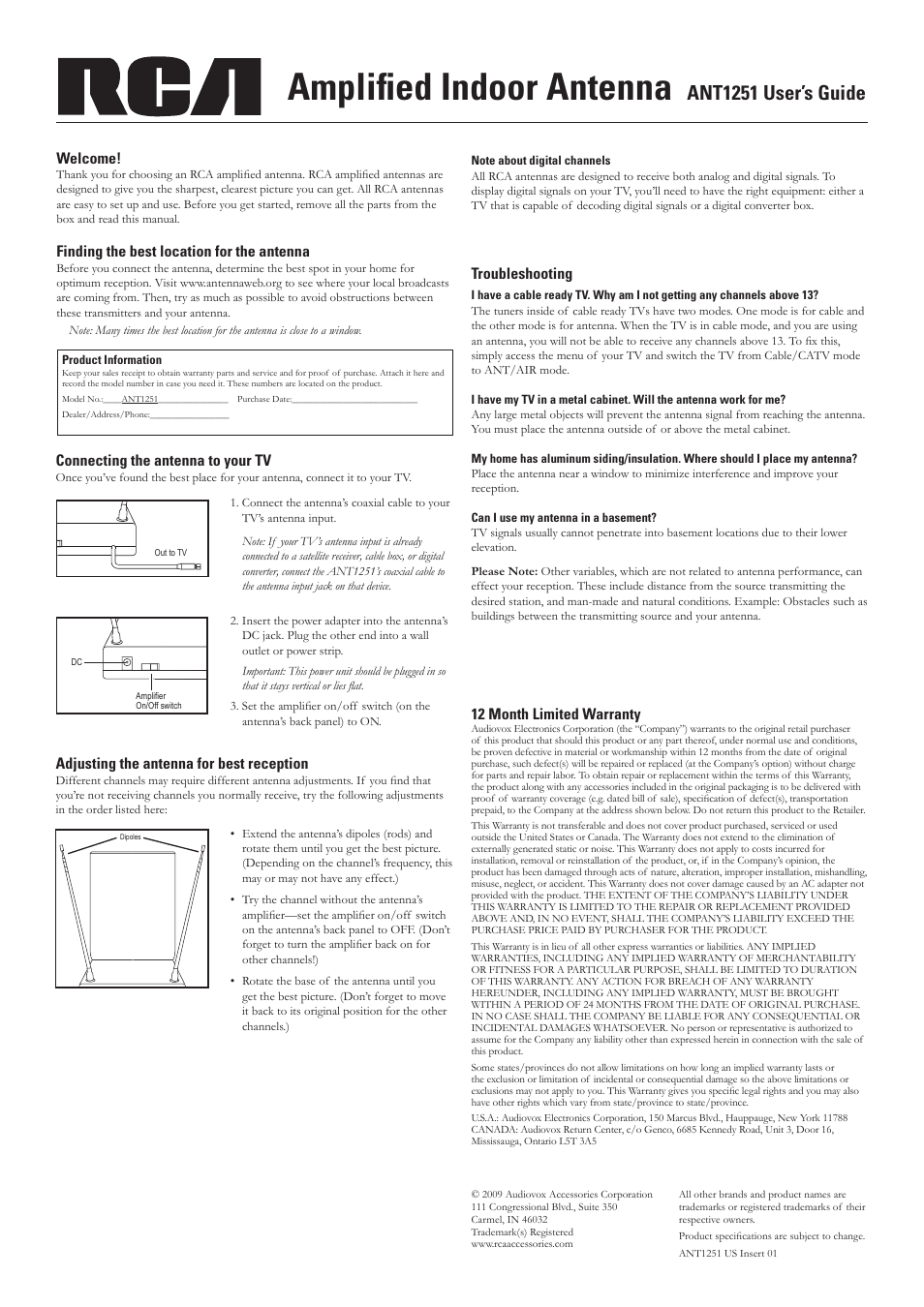 RCA ANT1251 User Manual | 2 pages