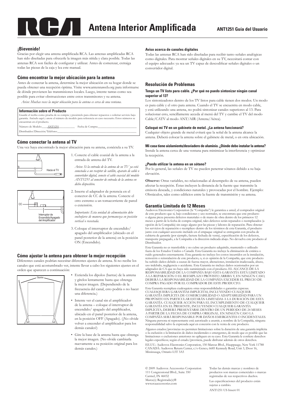 Antena interior amplificada, Ant1251 guía del usuario ¡bievenido, Cómo encontrar la mejor ubicación para la antena | Cómo conectar la antena al tv, Resolución de problemas, Garantía limitada de 12 meses | RCA ANT1251 User Manual | Page 2 / 2