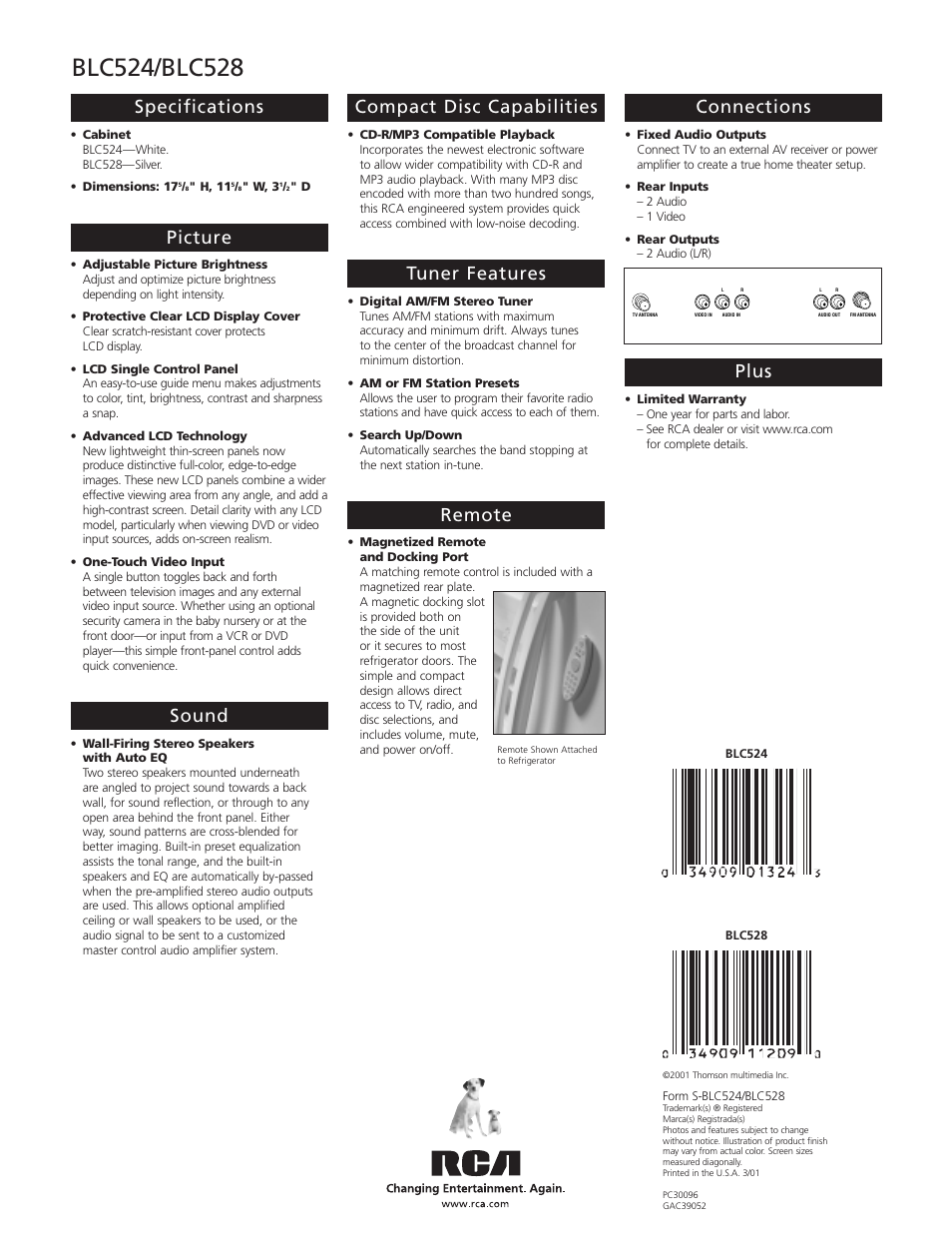 Specifications, Picture, Sound | Compact disc capabilities, Tuner features, Remote, Connections, Plus | RCA BLC524 User Manual | Page 2 / 2