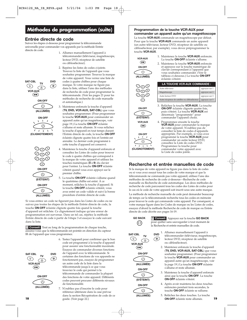 Méthodes de programmation (suite), Entrée directe de code, Recherche et entrée manuelles de code | RCA RCR412S User Manual | Page 10 / 21