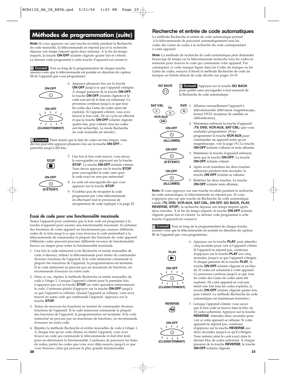 Méthodes de programmation (suite), Recherche et entrée de code automatiques, Essai de code pour une fonctionnalité maximale | RCA RCR412S User Manual | Page 11 / 21