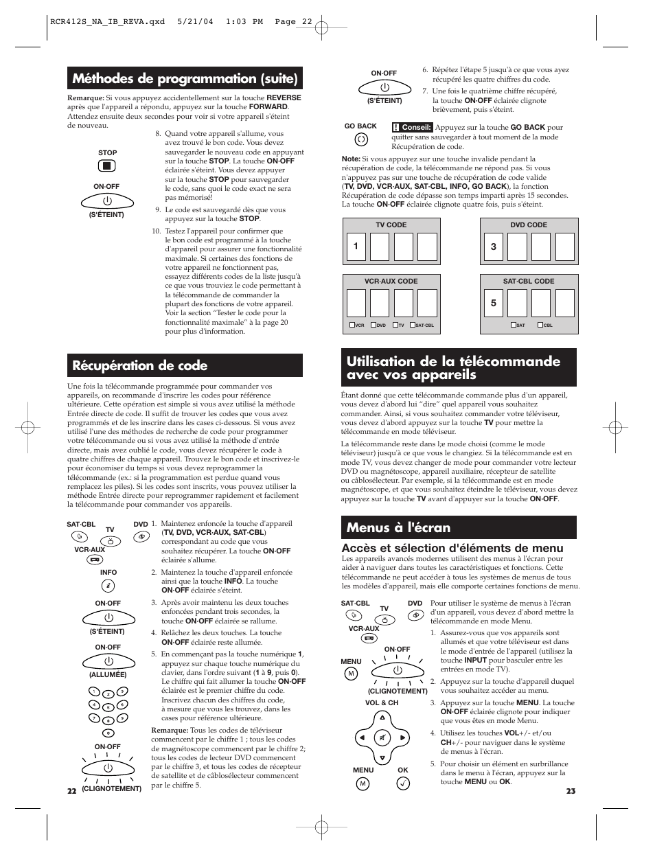 Méthodes de programmation (suite), Récupération de code, Utilisation de la télécommande avec vos appareils | Menus à l'écran, Accès et sélection d'éléments de menu | RCA RCR412S User Manual | Page 12 / 21