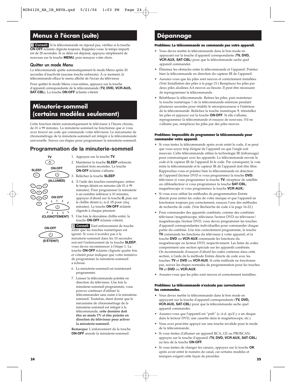 Menus à l'écran (suite), Minuterie-sommeil (certains modèles seulement), Dépannage | Programmation de la minuterie-sommeil, Quitter un mode menu | RCA RCR412S User Manual | Page 13 / 21