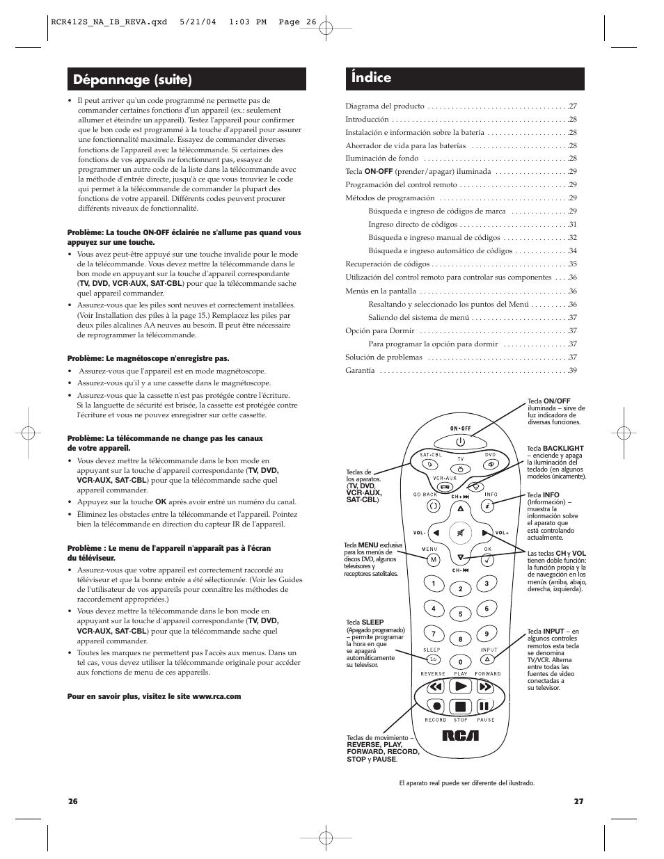 Dépannage (suite), Índice | RCA RCR412S User Manual | Page 14 / 21