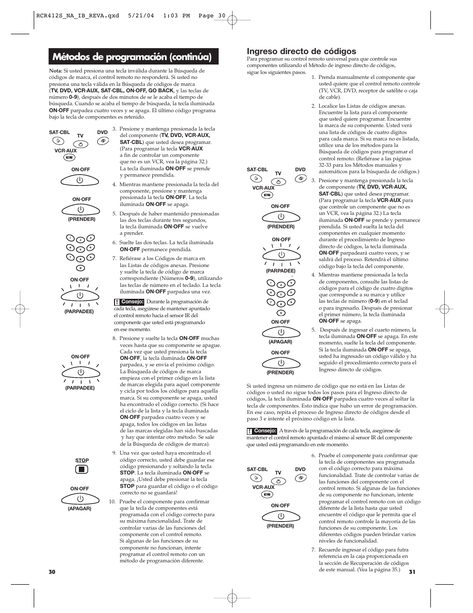 Métodos de programación (continúa), Ingreso directo de códigos | RCA RCR412S User Manual | Page 16 / 21