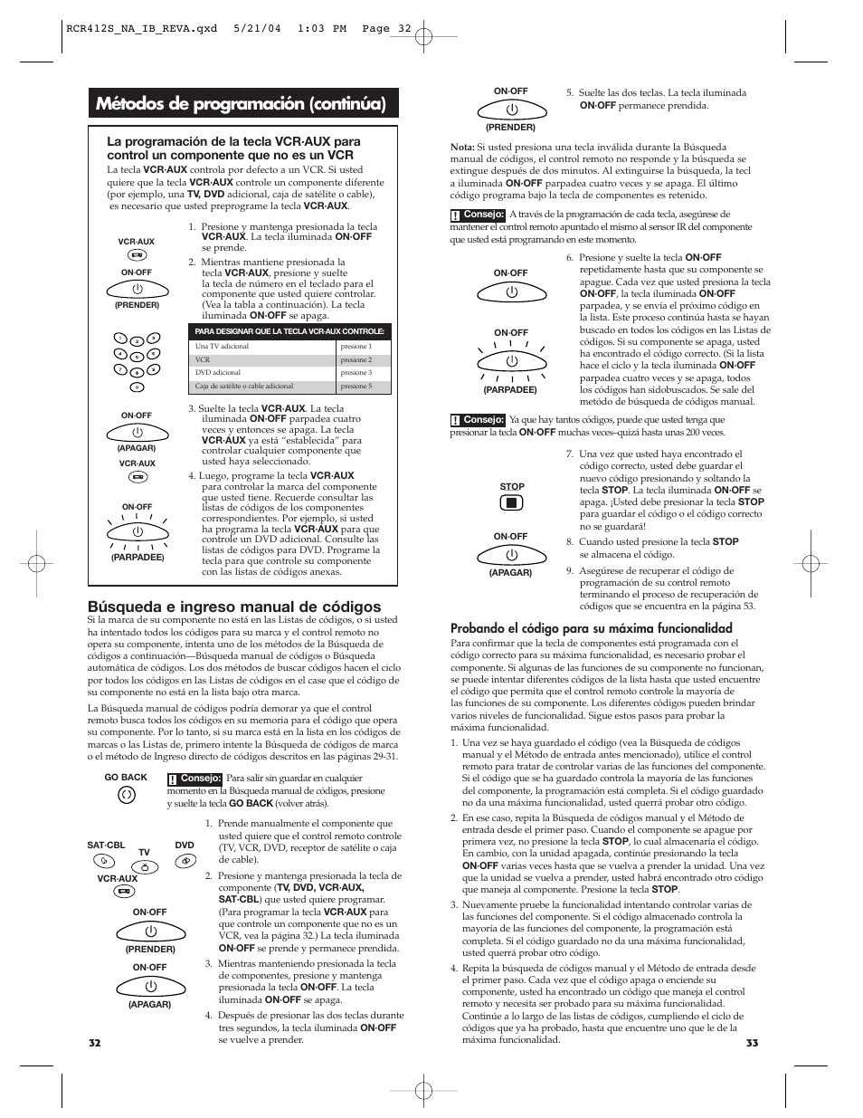 Métodos de programación (continúa), Búsqueda e ingreso manual de códigos, Probando el código para su máxima funcionalidad | RCA RCR412S User Manual | Page 17 / 21