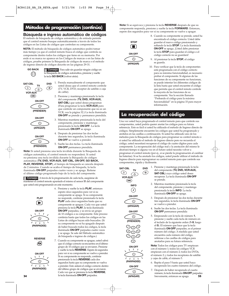 Métodos de programación (continúa), La recuperación del código, Búsqueda e ingreso automático de códigos | RCA RCR412S User Manual | Page 18 / 21