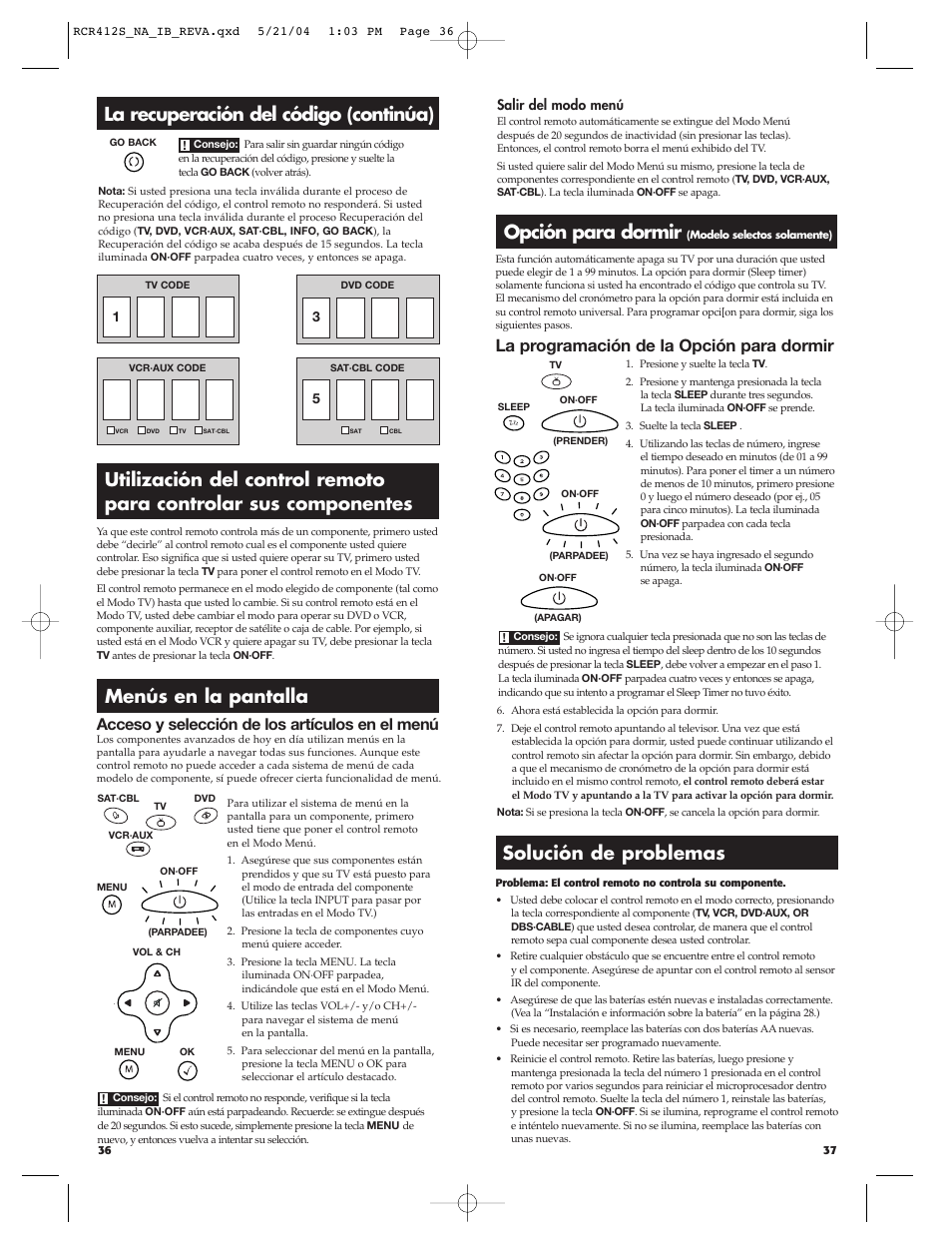 La recuperación del código (continúa), Menús en la pantalla, Opción para dormir | Solución de problemas, La programación de la opción para dormir, Acceso y selección de los artículos en el menú, Salir del modo menú | RCA RCR412S User Manual | Page 19 / 21