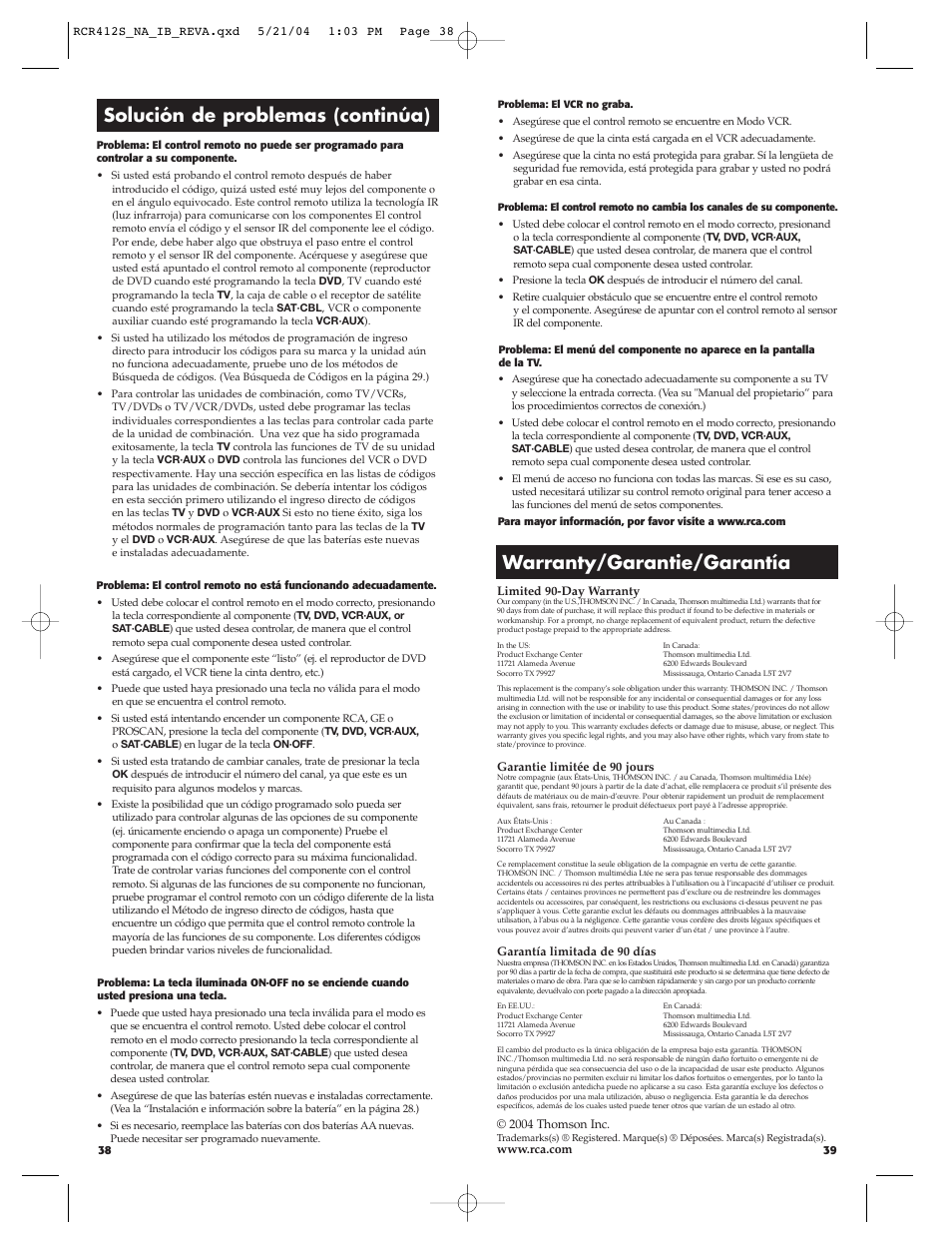 Warranty/garantie/garantía, Solución de problemas (continúa) | RCA RCR412S User Manual | Page 20 / 21