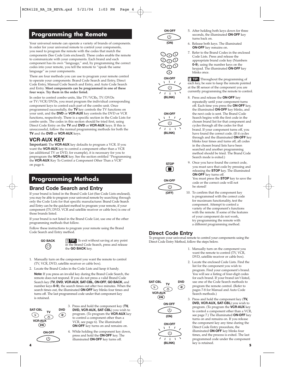 Programming the remote, Programming methods, Vcr·aux key | Brand code search and entry, Direct code entry | RCA RCR412S User Manual | Page 3 / 21