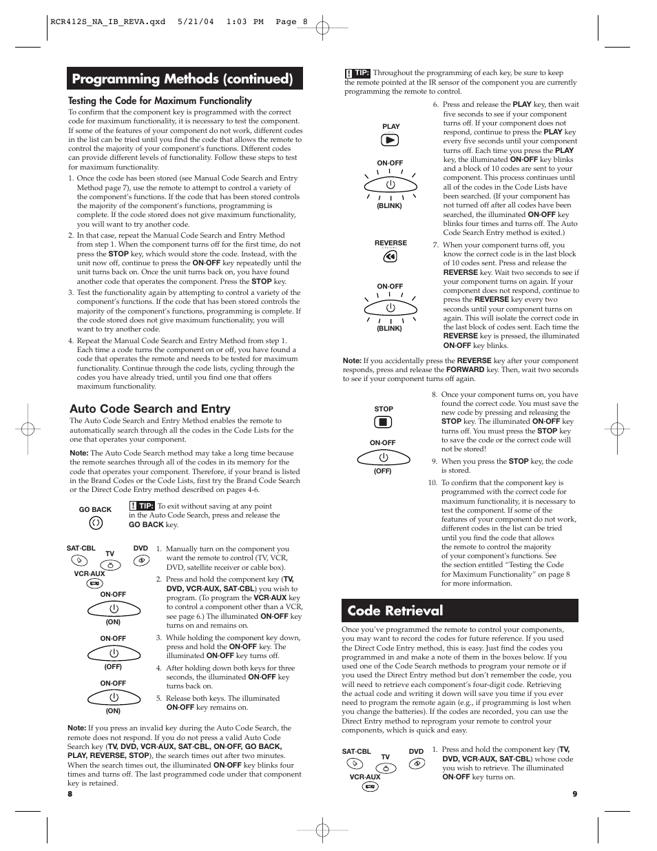 Programming methods (continued), Code retrieval, Auto code search and entry | Testing the code for maximum functionality | RCA RCR412S User Manual | Page 5 / 21
