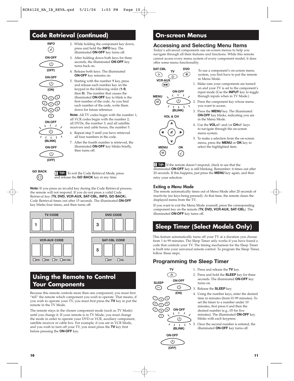 Code retrieval (continued), Using the remote to control your components, On-screen menus | Sleep timer (select models only), Accessing and selecting menu items, Programming the sleep timer, Exiting a menu mode | RCA RCR412S User Manual | Page 6 / 21