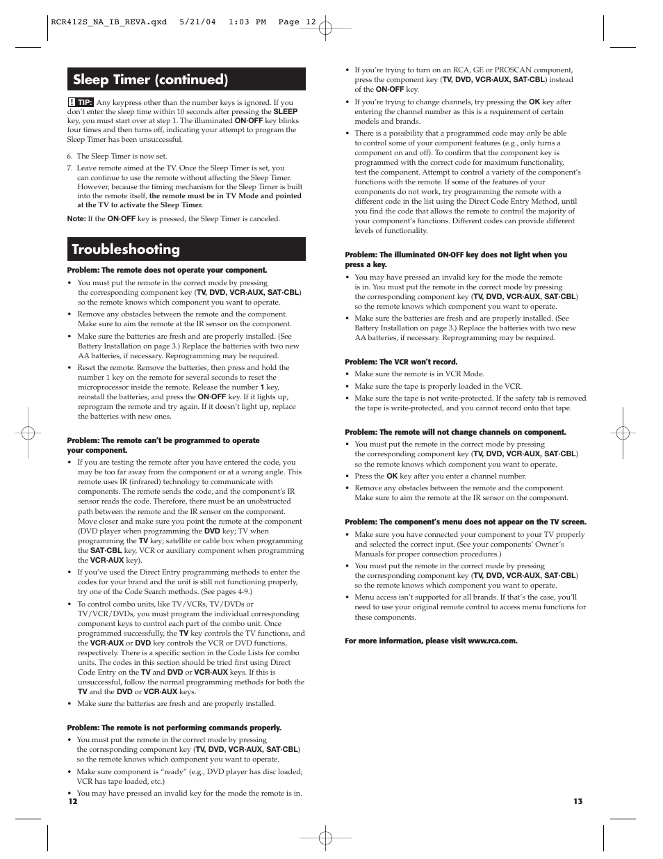 Sleep timer (continued), Troubleshooting | RCA RCR412S User Manual | Page 7 / 21