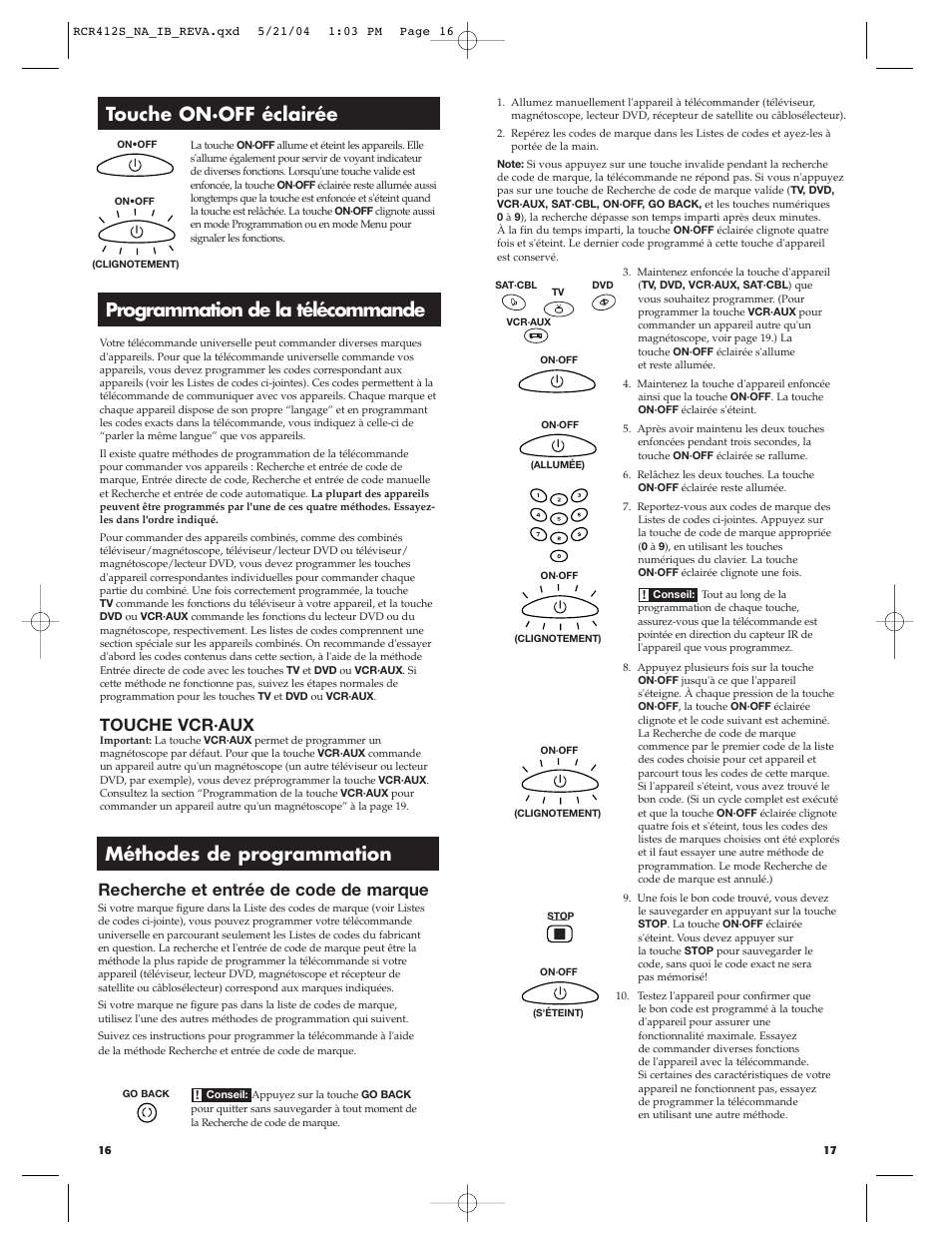 Méthodes de programmation, Touche vcr·aux, Recherche et entrée de code de marque | RCA RCR412S User Manual | Page 9 / 21
