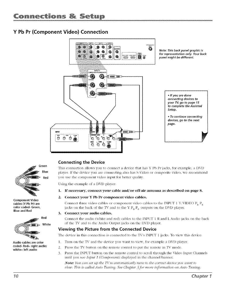 Y pb pr (component video) connection, Connecting the device, Viewing the picture from the connected device | Ceiiinectieiiis & setep, Chapter 1 | RCA Flat Panel Television User Manual | Page 10 / 64