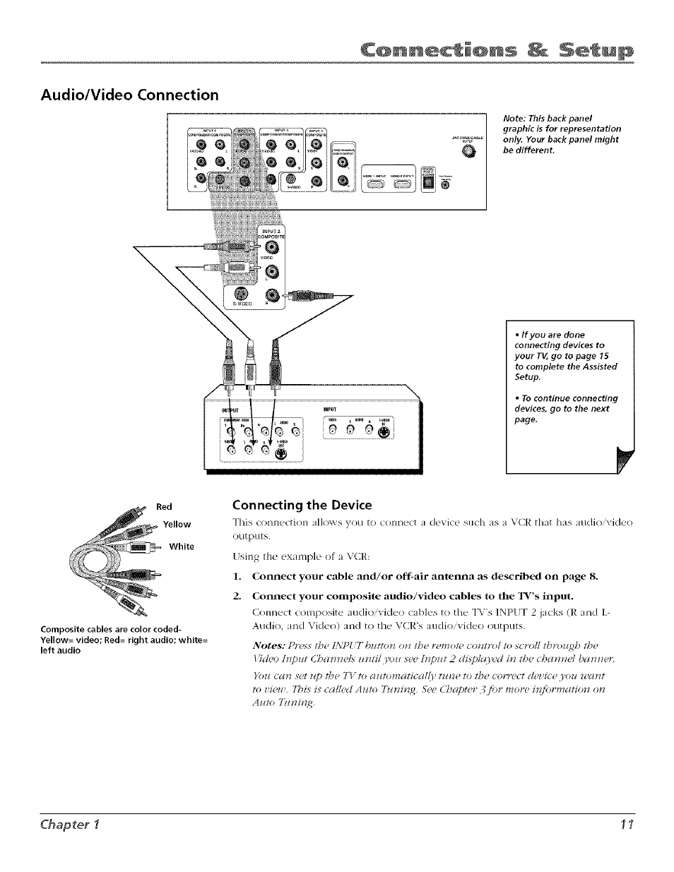 Audio/video connection, Connecting the device, Audioa/ideo connection | Chapter 1 | RCA Flat Panel Television User Manual | Page 11 / 64