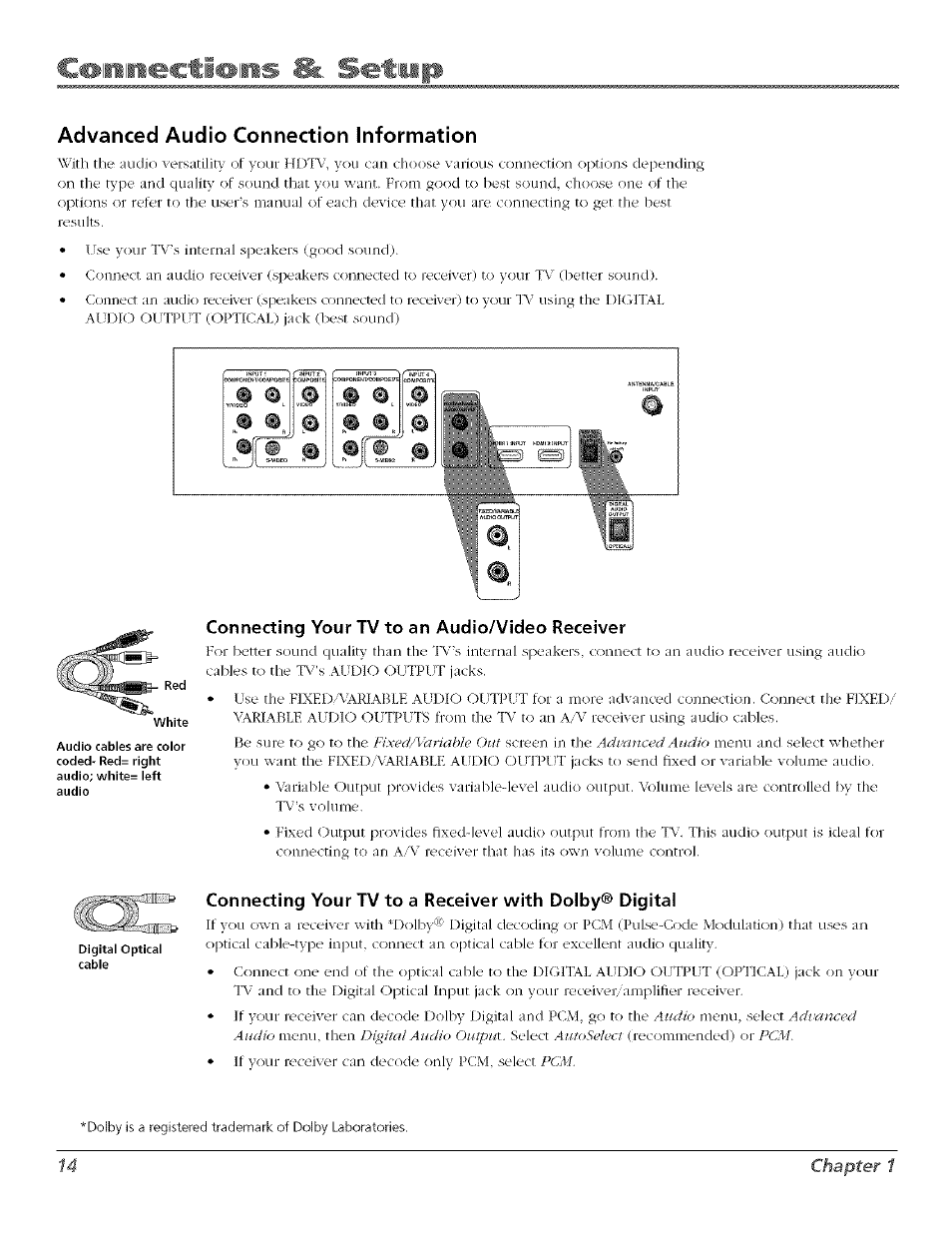 Advanced audio connection information, Connecting your tv to an audio/video receiver, Chapter 1 | RCA Flat Panel Television User Manual | Page 14 / 64