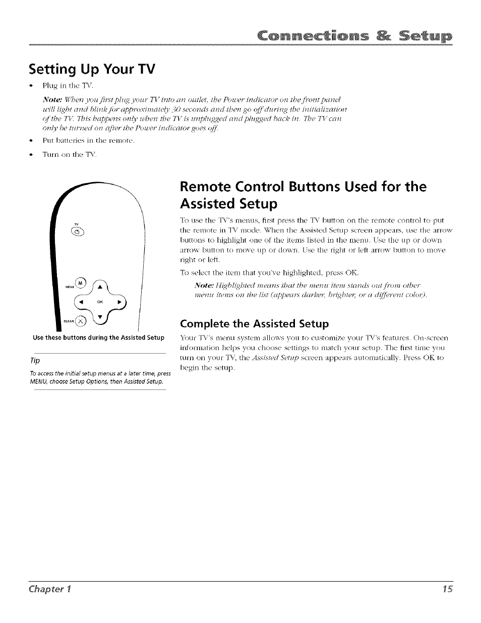 Setting up your tv, Remote control buttons used for the assisted setup, Complete the assisted setup | RCA Flat Panel Television User Manual | Page 15 / 64